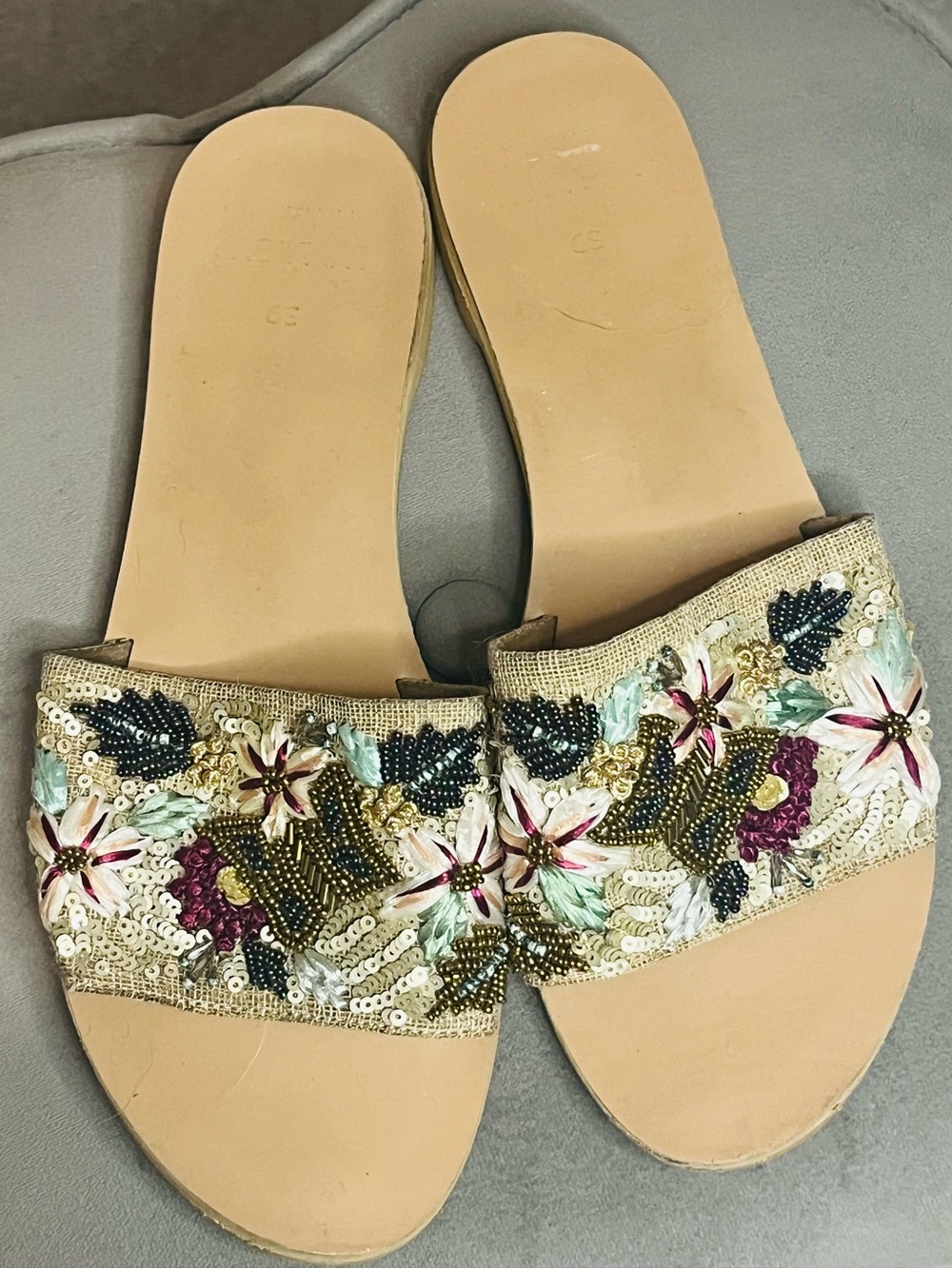 Beaded Raffia Slip On Flat Slide Artisan Sandals Sz 8 Floral - Picture 2 of 8